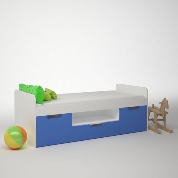 Кровать ДМ-К1-1-3, 1652 ? 600 ? 752 мм, 3 ящика, корпус белый, фасад синий