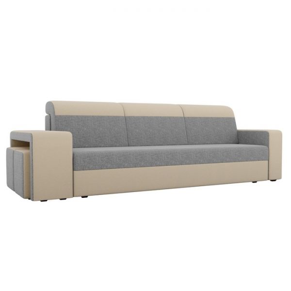 Диван прямой «Модена» с двумя пуфами, механизм еврокнижка, рогожка, цвет серый / бежевый