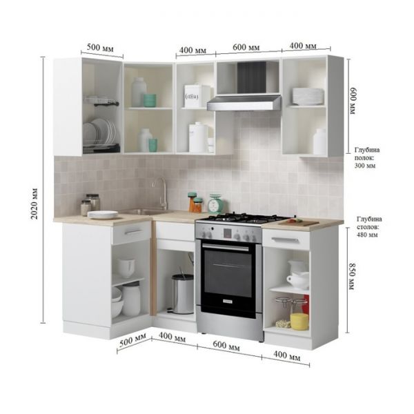Кухонный гарнитур Алиса угловой, 2000 х 1100 мм, цвет Белый/дуб сонома