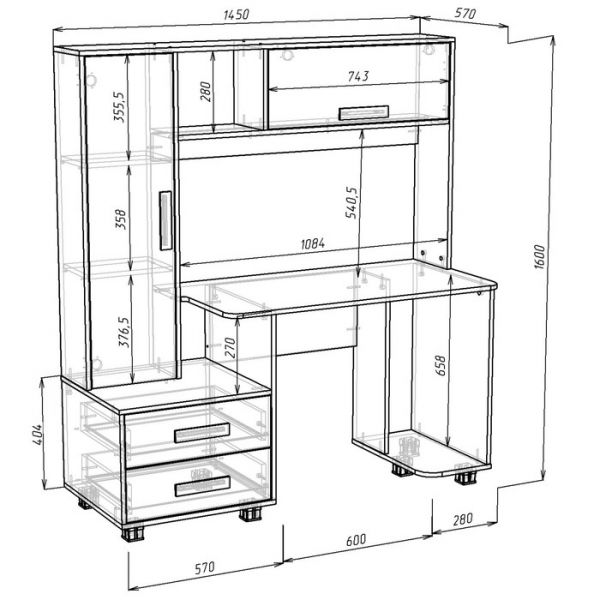 Стол компьютерный Альянс 8, 1450х570х1600, Дуб молочный