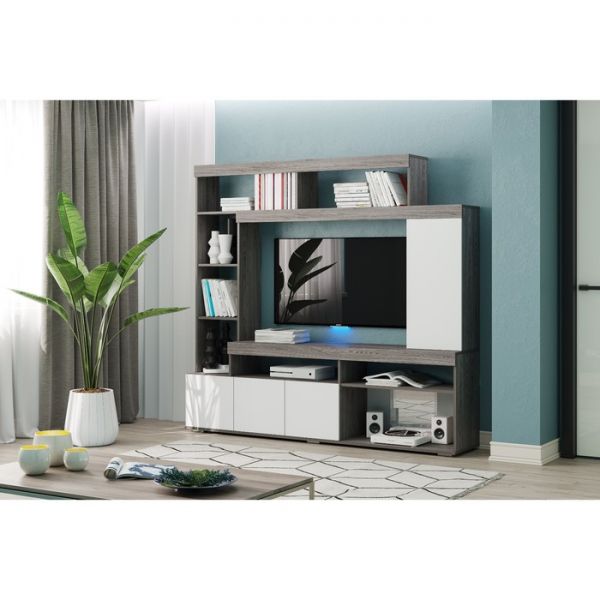 Стенка для гостиной Сити, 1986х386х1827, Ясень Анкор темный/белый