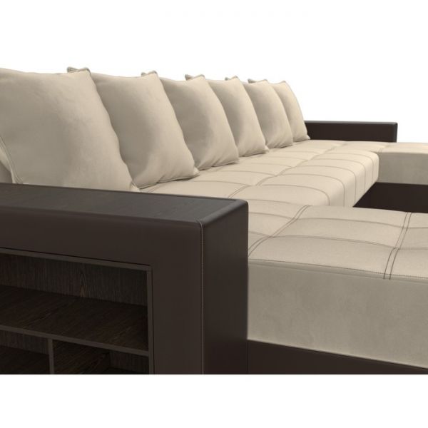 П-образный диван «Дубай», механизм еврокнижка, бежевый микровельвет / коричневая экокожа