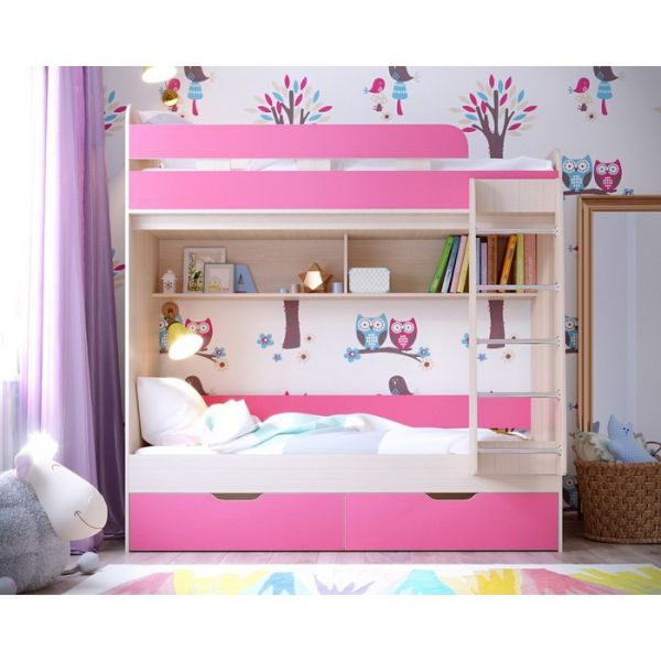 Детская двухъярусная кровать Юниор-5 дуб молочный/розовый