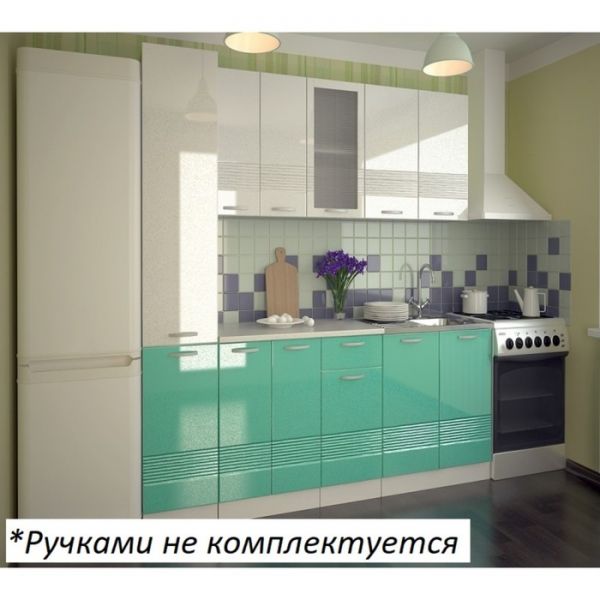 Кухонный гарнитур Волна 3, 2200х600 мм, Белый металлик/Бирюза