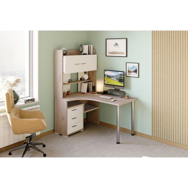 Стол компьютерный «СР 133» с надстройкой, 1010 ? 1300 ? 1750 мм, левый, нельсон / белый