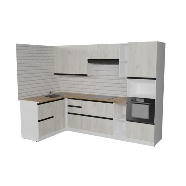 Кухонный угловой гарнитур Амели мега прайм 2700х1500 Белый/Дуб бунратти/Дуб грей
