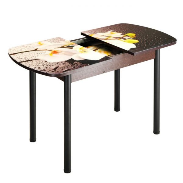 Стол раздвижной с фп Орхидея белая 1100/1500х700х777  стекло/пояс венге/ноги чёрн. прямые