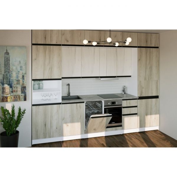 Кухонный гарнитур Паола люкс 3000х600 Белый/Кантри/Дуб грей, Дуб браун