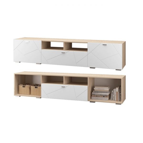 Тумба под ТВ Скайлайн двухдверный 2102х445х456 дуб сонома светлый/белый