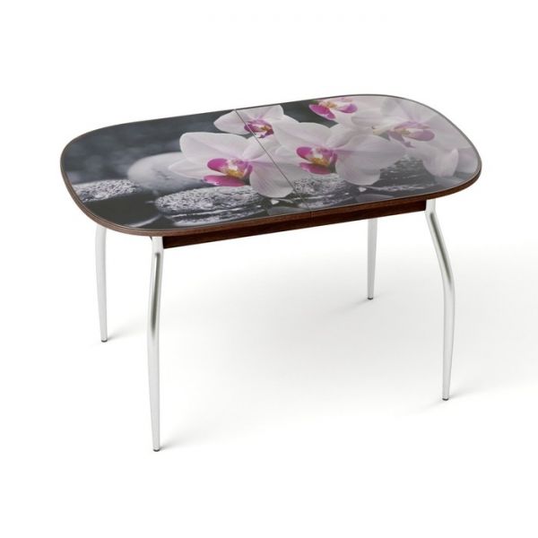 Обеденный стол «Голд», раздвижной, стекло, вставка бабочка, подстолье венге, ветка вишни