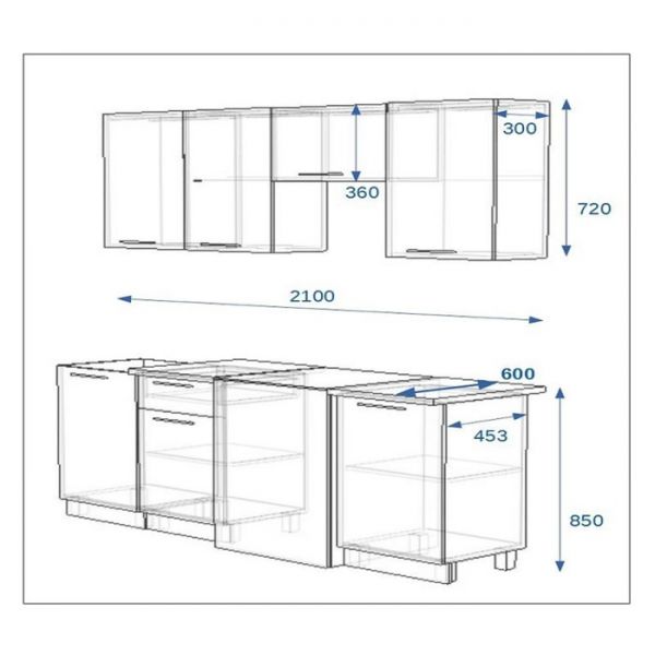 Кухонный гарнитур Волна 2, 2100х600 мм, Белый металлик/Бирюза