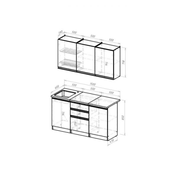 Кухонный гарнитур Лидия нормал 1500х600 Белый/Сосна/Капри, Бетон темный