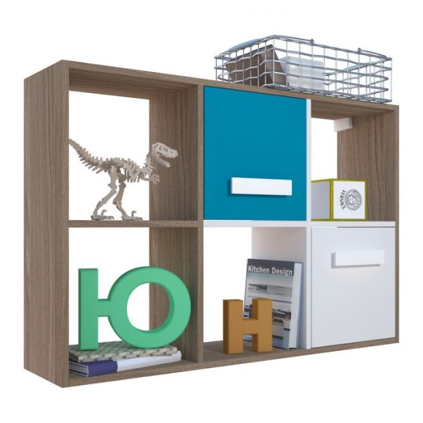 Стеллаж навесной с дверками Юниор 1054х250х709 Ясень шимо темный/Белая Аляска/Индиго