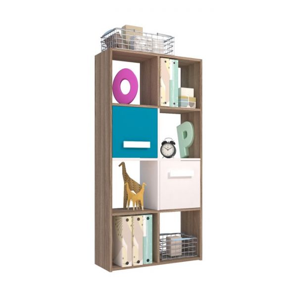 Стеллаж Юниор с дверками 708х250х1406 Ясень шимо темный/Белая Аляска/Индиго