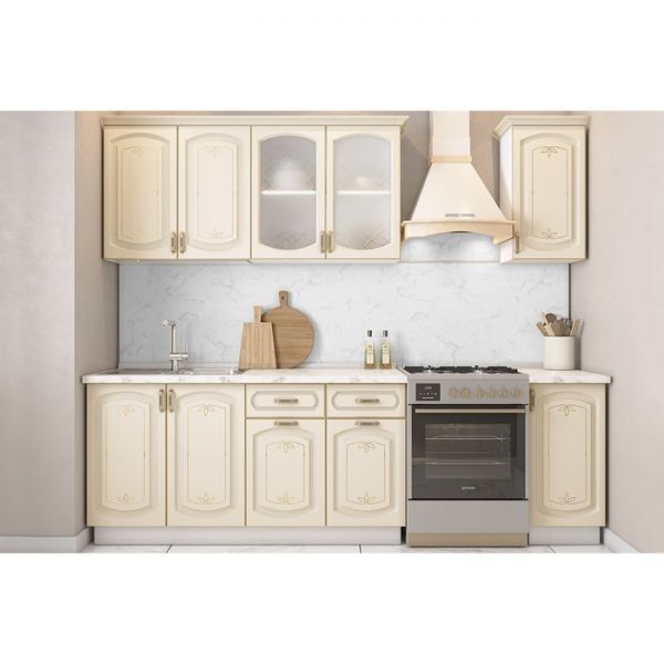 Кухонный гарнитур Бергамо 2000х600 белый/крем патина платина