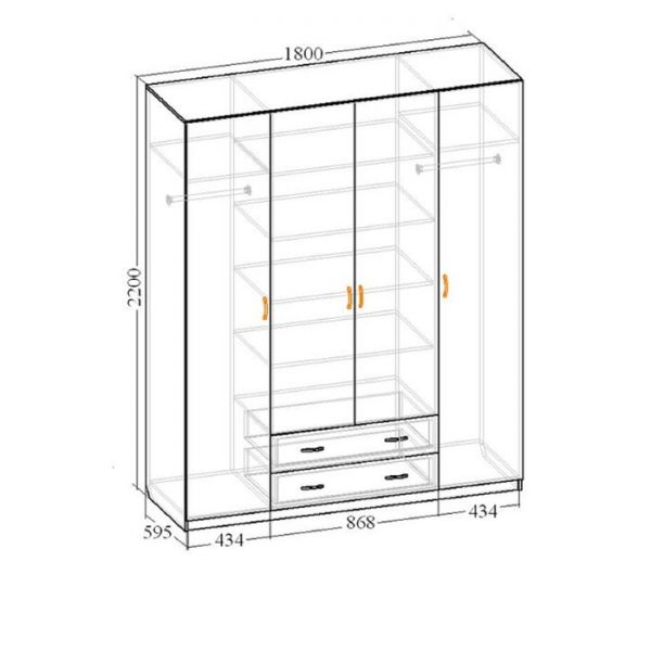 Шкаф 4-х дверный «Венеция 11» с 2-мя ящиками, 1800 ? 595 ? 2200 мм, цвет венге / клён