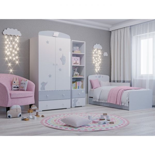 Шкаф двустворчатый для одежды Лилу, Слоники, 902x540x1950, Белый/Серый