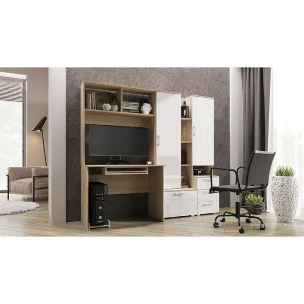 Стол компьютерный №6-1, 2000х538х1796, Дуб сонома/Белый глянец