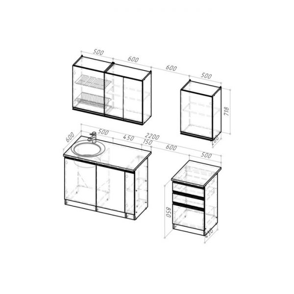 Кухонный гарнитур Лидия стандарт 1600х600 Белый/Сосна/Капри, Бетон темный