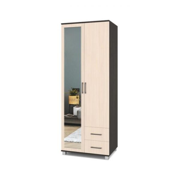 Шкаф Ева Е24 520х800х2100 двухстворчатый с зеркалом и ящиками Венге/дуб млечный