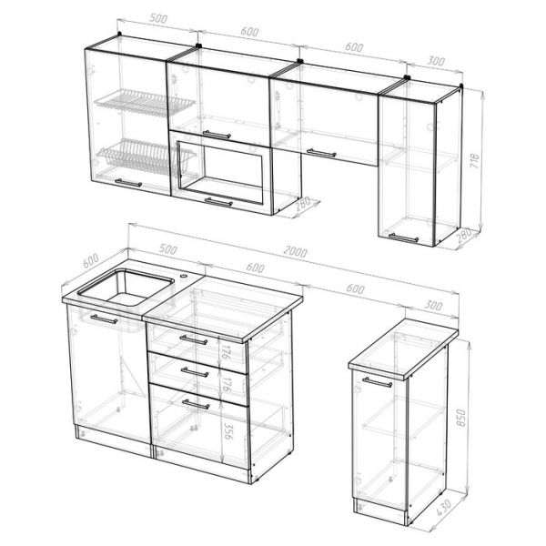 Кухонный гарнитур Лоретта ультра 2000х600 Венге/дуглас темный/Дуб грей