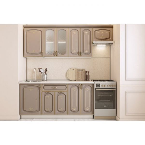 Кухонный гарнитур Бергамо 2200х600 белый/капучино патина платина