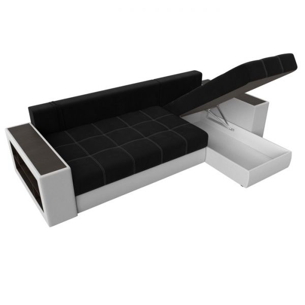 Угловой диван «Дубай», еврокнижка, правый угол, цвет чёрный микровельвет / белая экокожа