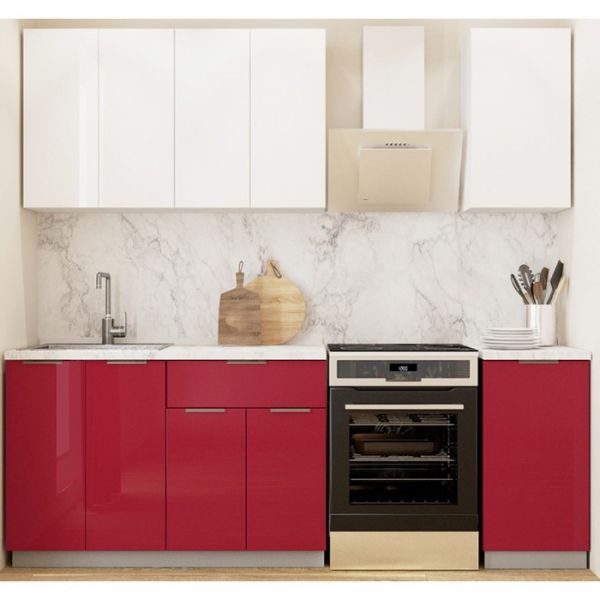 Кухонный гарнитур Бостон 1600х600 белый/белый/красный глянец