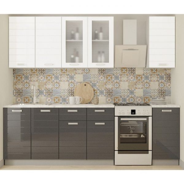 Кухонный гарнитур Виктория 2000х600 белый/белый металлик/графит металлик