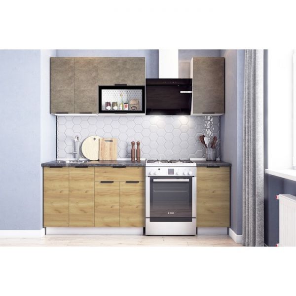 Кухонный гарнитур Стоун 1600х600 белый/камень темно-серый/акация светлая