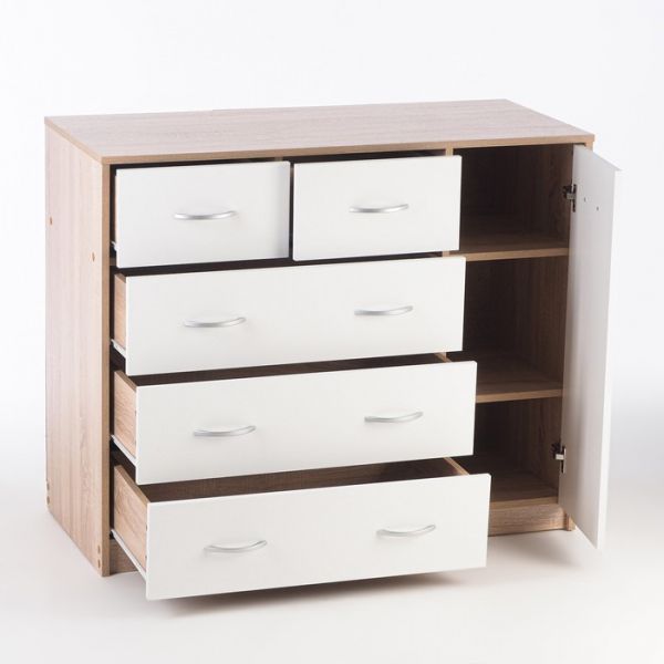 Комод 5 ящиков с дверью 1100х480х900 Дуб сонома/белый