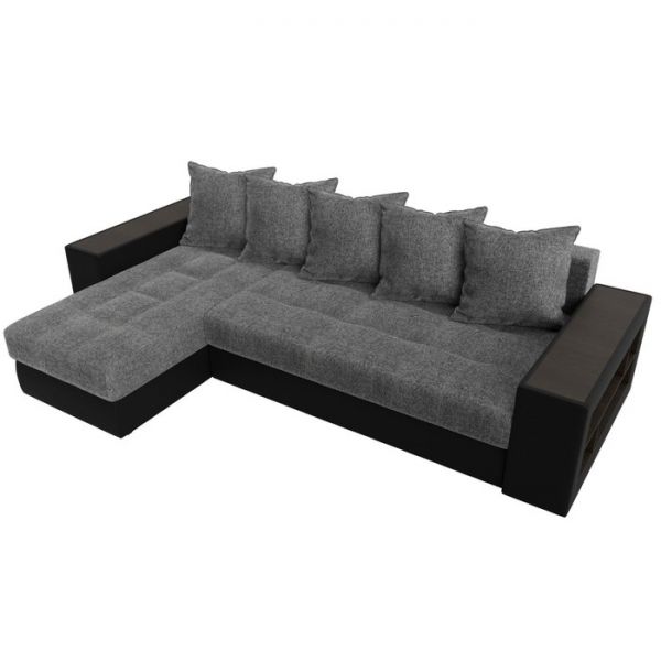 Угловой диван «Дубай», еврокнижка, правый угол, цвет серая рогожка / чёрная экокожа