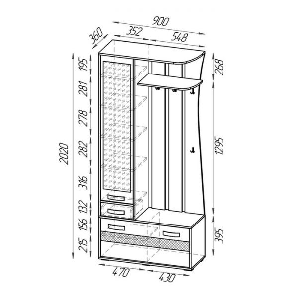 Прихожая Мокко mini 900х360х2020 Бодега темный/светлый