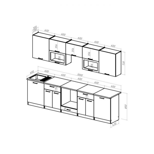 Кухонный гарнитур Кварц Экстра 3000х600 белый/аламбра темная/латте/карамель