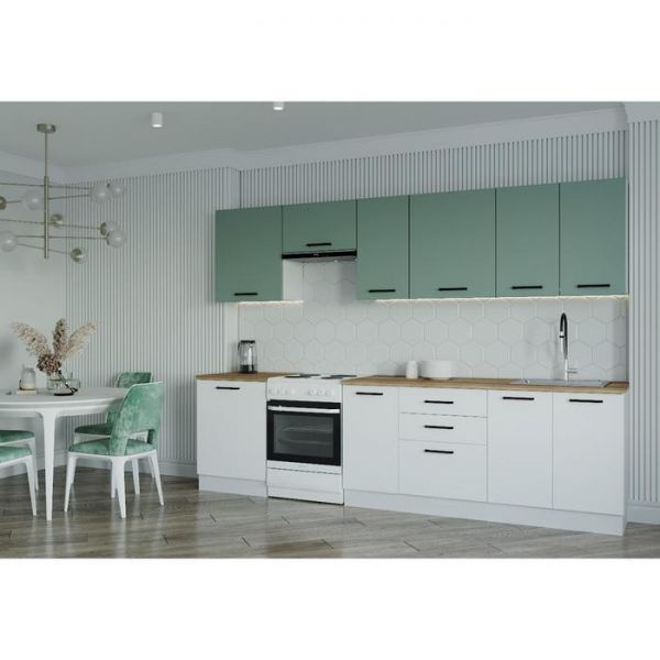 Кухонный гарнитур Муссон 3032х600 Белый/Дуб Вотан / Жемчуг,Фисташка
