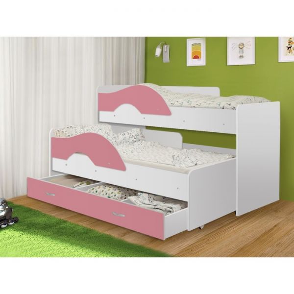 Кровать двухъярусная выкатная Матрешка Розовый/белый 800х1600 с ящиком