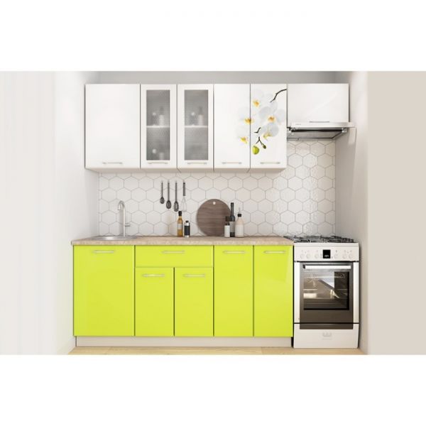 Кухонный гарнитур Яна 2200х600 белый/белый Орхидея/лайм