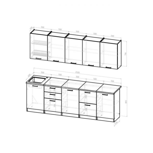 Кухонный гарнитур Нефрит Экстра 2500х600 белый/канаджская хижина/бетон темный/светлый