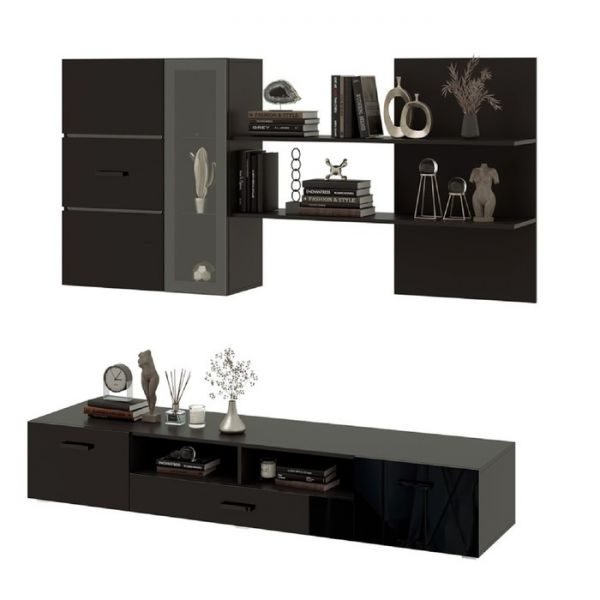 Гостиная Николь , 2000х520х2030, Черный глянец/Черный