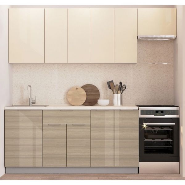 Кухонный гарнитур Бостон 2200х600 белый/крем глянец/дуб скальный глянец