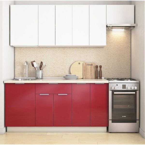 Кухонный гарнитур Бостон 2200х600 белый/белый/красный глянец