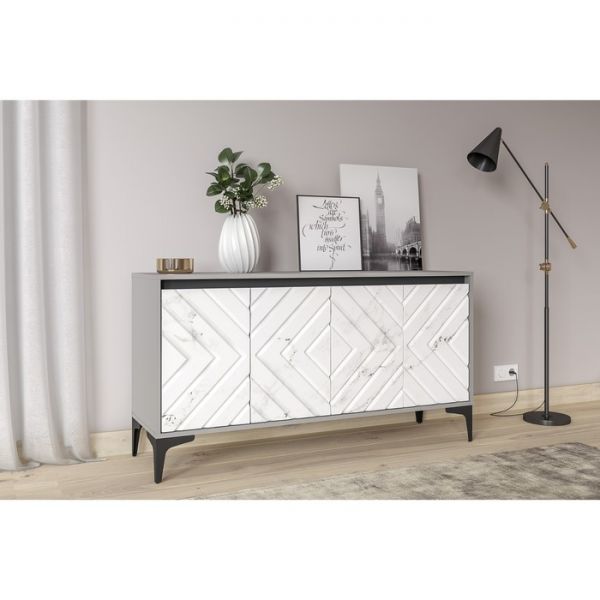 Тумба под ТВ Муар 13.261.02, 1368х400х718, Стальной серый/ Мрамор белый софт