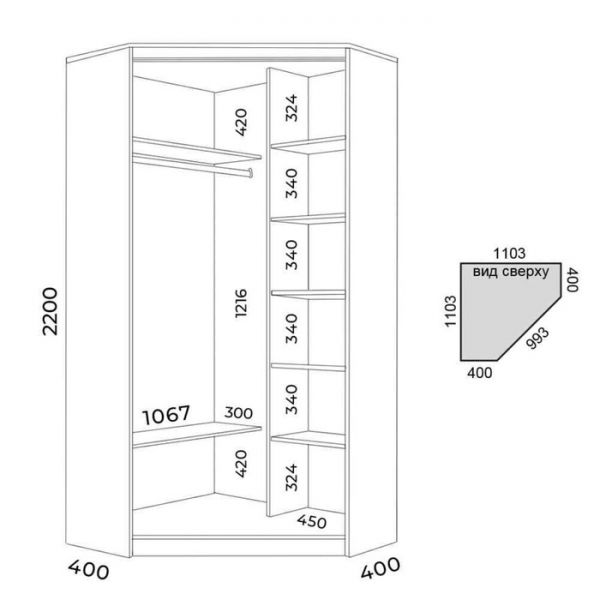 Угловой Шкаф-купе Хит-У-22-4-88, 1100x1100x2200, Белый фасад шагрень