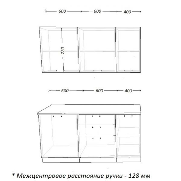 Кухонный гарнитур 5, 1600х600 мм, Белый глянец/бриллиант черный