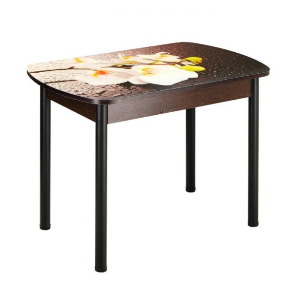 Стол раздвижной с фп Орхидея белая 1100/1500х700х777  стекло/пояс венге/ноги чёрн. прямые