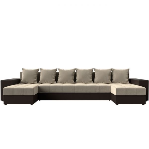 П-образный диван «Дубай», механизм еврокнижка, бежевый микровельвет / коричневая экокожа