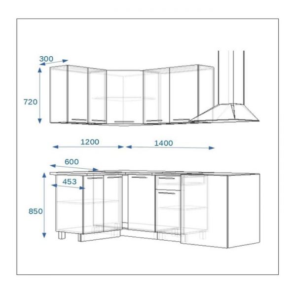 Кухонный гарнитур 1200х1400, 3Р РоялВуд, Голубой прованс 2