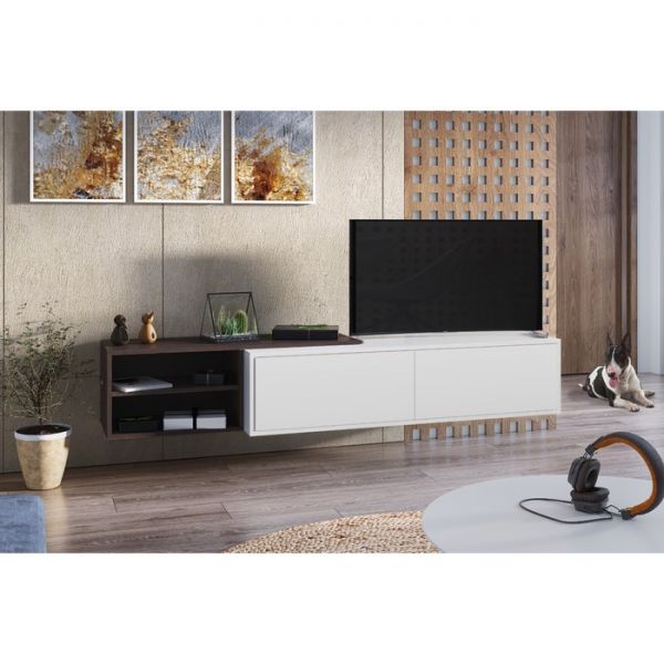 Тумба под ТВ подвесная №1, 1800х420х320, Белый/Венге/Белое стекло