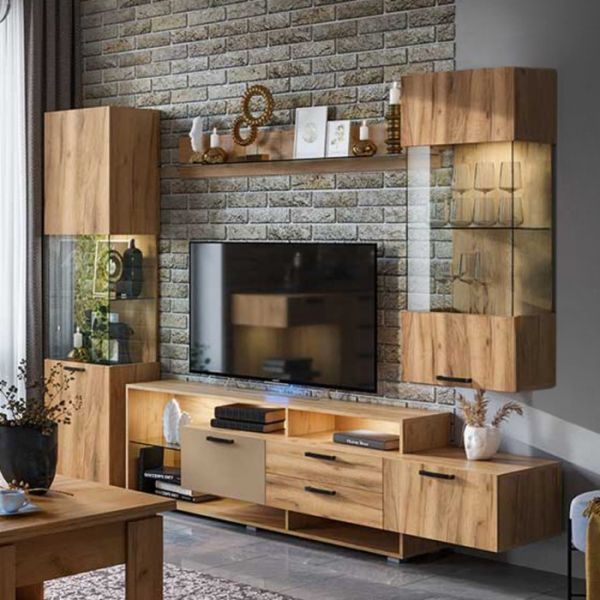 Гостиная Алтея МДФ, 2600х458х1920, Дуб крафт/Бежевый