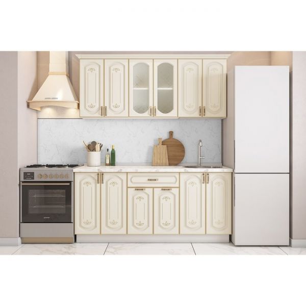 Кухонный гарнитур Бергамо 1800х600 белый/крем патина платина